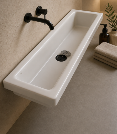 Lavabo collectif 95x30cm Porcher blanc céramique vitrifiée installation murale