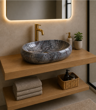 Vasque marbre ovale - Vasque à poser marbre ovale 600x400 JARKO finition polie — design luxe pour salle de bain