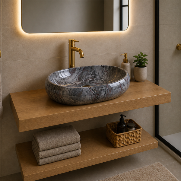 Vasque marbre ovale - Vasque à poser marbre ovale 600x400 JARKO finition polie — design luxe pour salle de bain