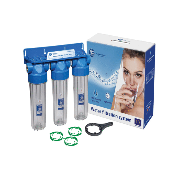 Filtre à eau triple 3/4 Aquafilter avec corps transparent bleu, raccords laiton et cartouches de filtration incluses