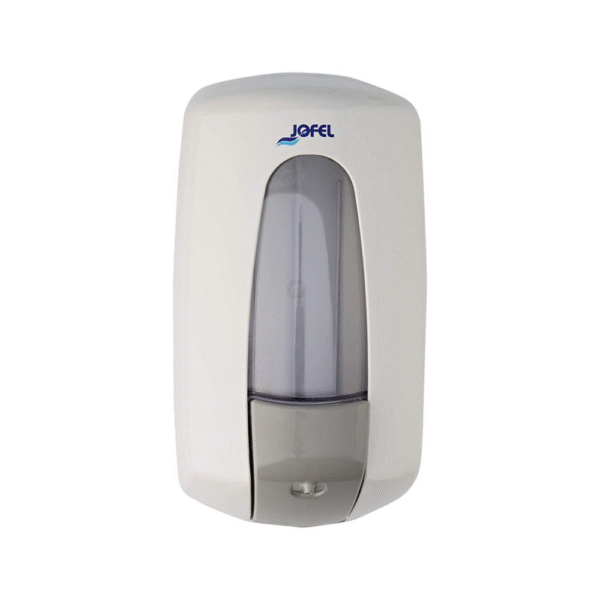 Distributeur de savon liquide Jofel blanc 1L avec mécanisme bouton poussoir mural
