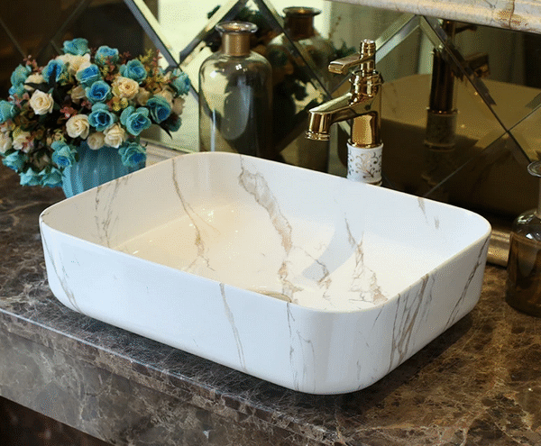 Vasque decor rectangle blanc marbre 500 x 400 x 140 Jarko