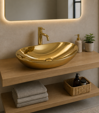 Vasque à poser dorée Royal Gold Edge 59 cm - finition or brillant, forme ovale moderne, céramique premium