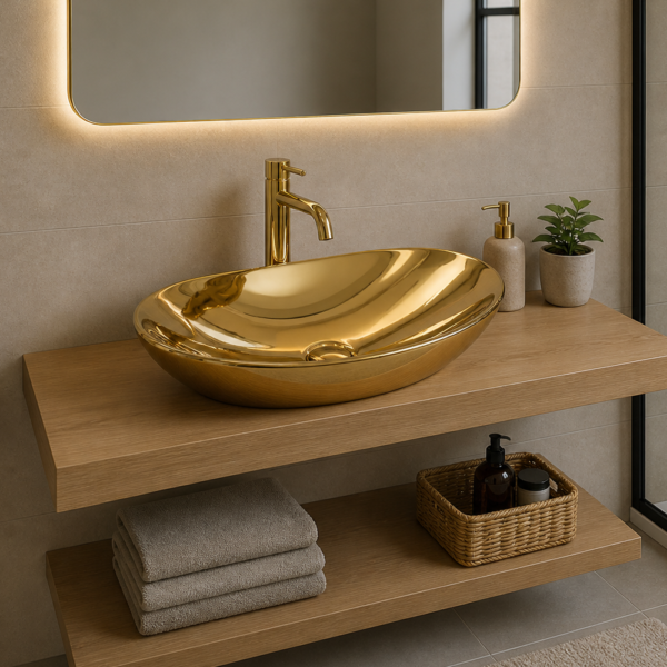 Vasque à poser dorée Royal Gold Edge 59 cm - finition or brillant, forme ovale moderne, céramique premium