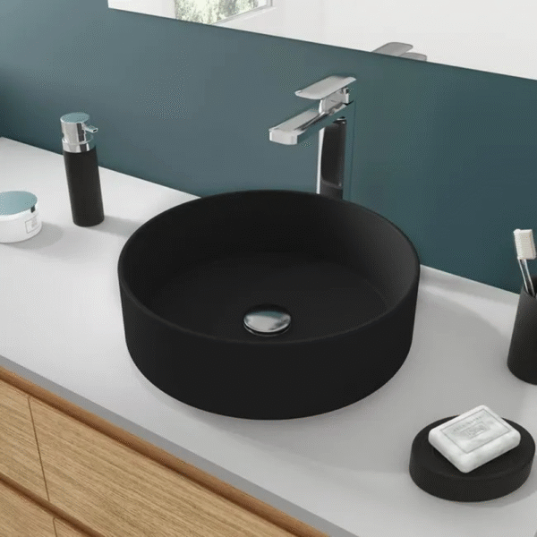 Lavabo suspendu rond noir mat Tesso P1001N design contemporain salle de bain moderne