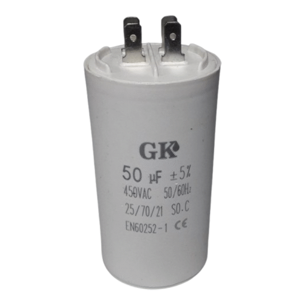 Condensateur pompe irrigation 50 µF - Condensateur 50 µF UNIMAGRI pour pompe irrigation, boîtier ABS blanc, 450V AC, vue frontale détaillée