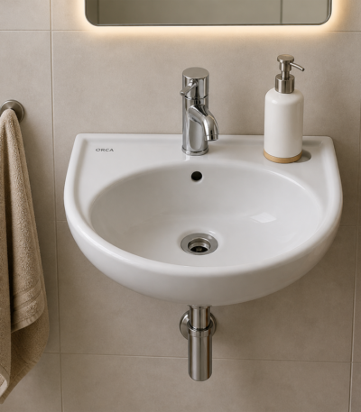 Lave-main 43cm Ibis Roca blanc brillant compact pour salle d'eau et toilettes