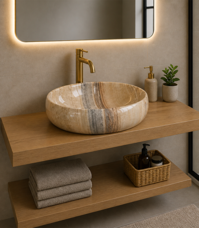 Vasque à poser oval marbre - Vasque à poser oval en marbre véritable, dimensions 600x400x150 mm, design premium pour salle de bains