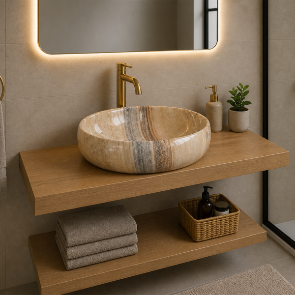 Vasque à poser oval marbre - Vasque à poser oval en marbre véritable, dimensions 600x400x150 mm, design premium pour salle de bains