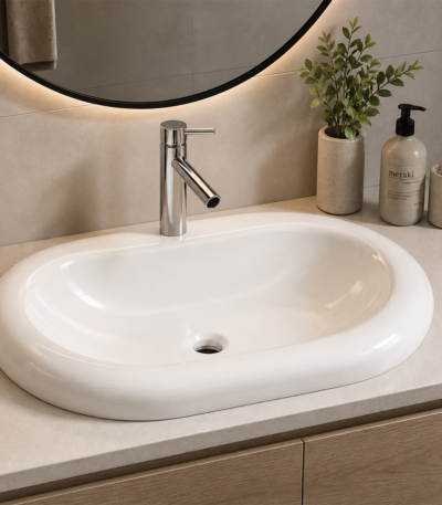 Vasque ronde 8286 en céramique blanche brillante pour salle de bain, produit CERASANI Salé