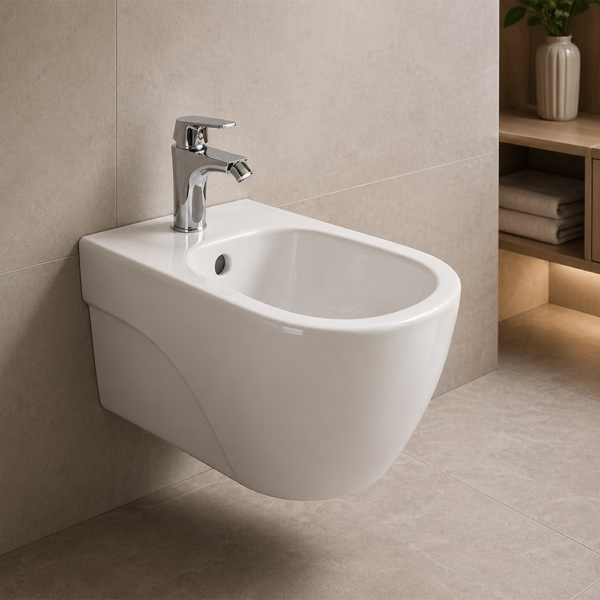 Bidet suspendu Perla blanc sans bride avec réservoir intégré et finition brillante