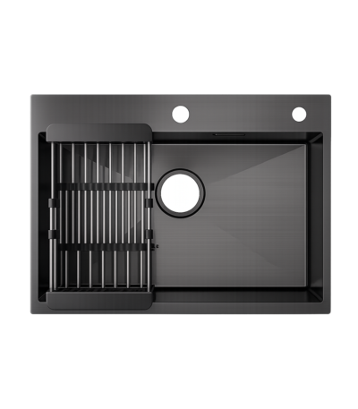 évier encastré 60 X 45 noir avec mitigeur - Évier encastré 60 X 45 noir avec mitigeur noir Bsim – vue de dessus et profil d'installation, acier inoxydable