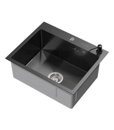 évier mitigeur noir encastré - Évier encastré 50x40 avec mitigeur noir intégré Tesso, vue de face et détail robinetterie