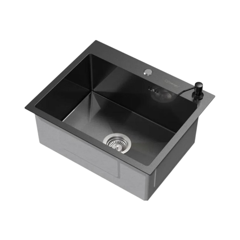 évier mitigeur noir encastré - Évier encastré 50x40 avec mitigeur noir intégré Tesso, vue de face et détail robinetterie