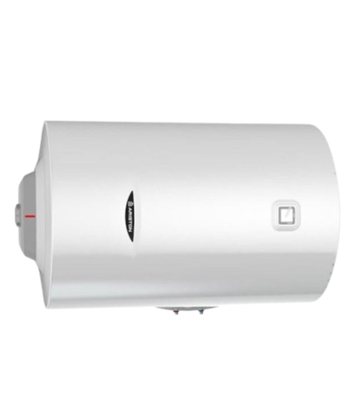Chauffe-eau électrique 80L horizontal - Chauffe-eau électrique 80L Ariston Pro1 horizontal blanc – vue latérale, raccordements eau chaude et eau froide visibles