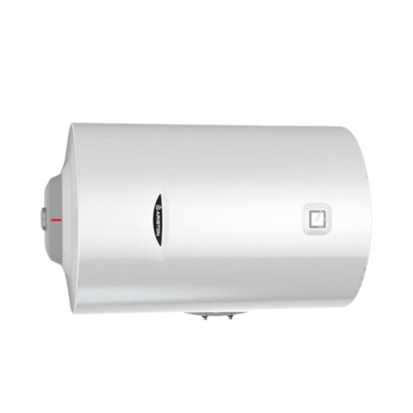 Chauffe-eau électrique 80L horizontal - Chauffe-eau électrique 80L Ariston Pro1 horizontal blanc – vue latérale, raccordements eau chaude et eau froide visibles